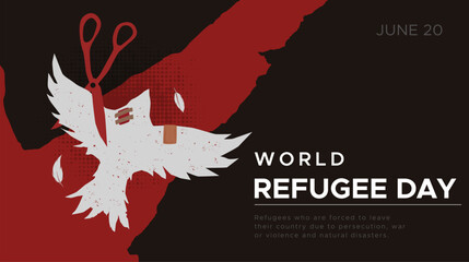 World Refugee Day, June. design concept of refugees migrating due to violent behavior and war. the symbol of a wounded dove which means oppression of innocent people