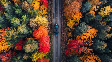 Autumn Road Trip: Capture a scenic autumn road trip with a car driving through colorful foliage, stopping at picturesque viewpoints, emphasizing adventure and exploration. 