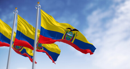 Ecuador national flags waving in the wind on a clear day