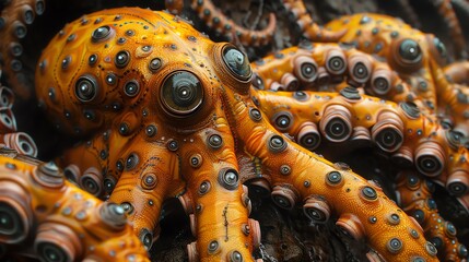 Close-up of a surreal octopus with many eyes.