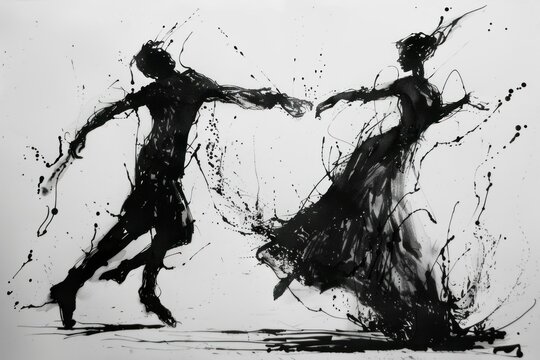 Artistic representation of dancers in motion, captured by dynamic black ink splatter on a white background