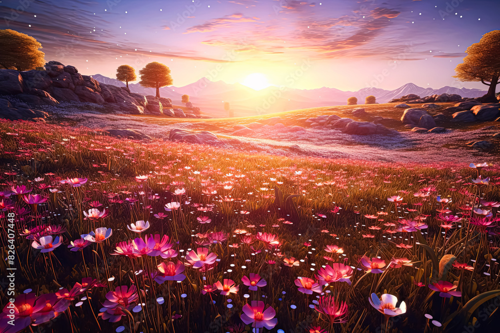 Canvas Prints a field of flowers with a single red flower in the middle.