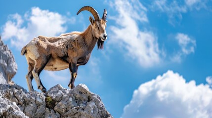 Obraz premium Mountain goat in shades of brown and black on Monte Tamaro s incline under partly cloudy skies with a backdrop of blue sky and sunlight