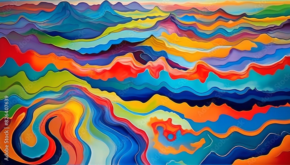 Poster abstract artwork of stylized mountain ranges in a flowing array of vibrant colors, ideal for modern 