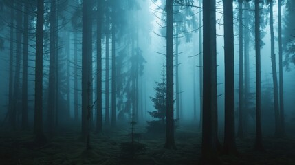 Foggy forest with tall, dark trees, eerie and mysterious ambiance, suitable for horror and thriller themes, isolated background for dramatic effect.