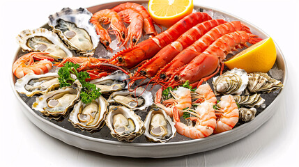 Fresh seafood platter with shrimp, oysters, and crab on a white background