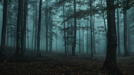 Fototapeta premium Foggy forest with tall, dark trees, eerie and mysterious ambiance, suitable for horror and thriller themes, isolated background for dramatic effect.