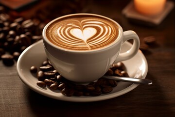Obraz premium Aromatic latte art coffee in a white cup, perfect for a cozy morning.
