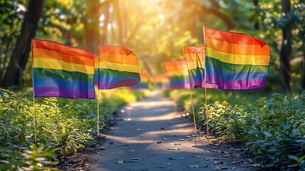 Waving gay flag and crowd of people on background. Concept of LGBT rights and parade