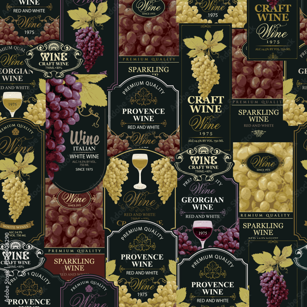 Poster seamless pattern with ornate wine labels in retro style. repeating vector background on the theme of