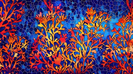 Stained glass effect using bright coral motifs on a deep blue background.