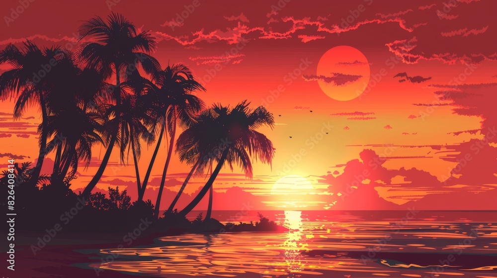 Wall mural Tropical sunset silhouette with palm trees