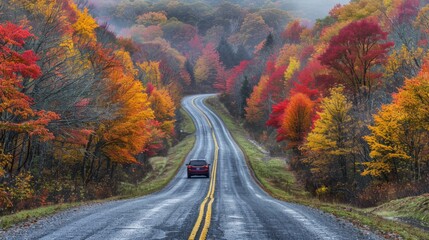 Naklejka premium Autumn Road Trip: Capture a scenic autumn road trip with a car driving through colorful foliage, stopping at picturesque viewpoints, emphasizing adventure and exploration. 