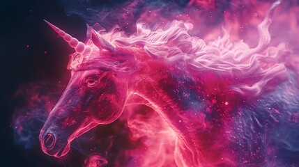 Fiery pink unicorn head against a dark background.