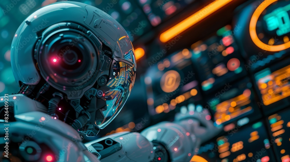 Poster detailed view of ai analyzing data in a closeup shot, emphasizing accuracy and speed, robotic tone, 