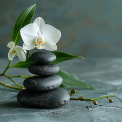 Fototapeta premium A white flower is on top of three black stones