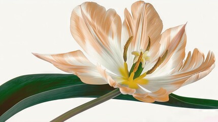   A close-up image of a white and orange flower on a green stem against a white background