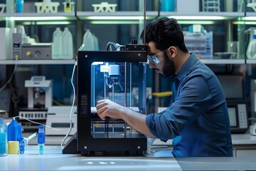 Sleek Engineer Operates 3D Printer in Futuristic Laboratory Setting