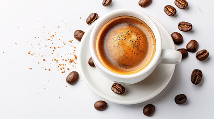Fototapeta premium Freshly brewed coffee in a cup with beans on a white background