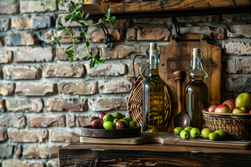 An olive oil glass bottle with an olive branch on a wooden table.