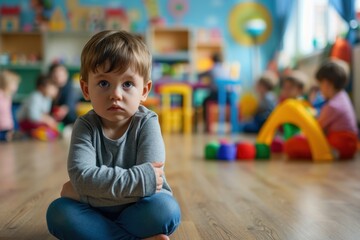 A sad, offended toddler boy sits alone in a kindergarten or at a children's party. Depression in children. Introvert mindset of kids. Social skills in a team