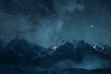 Naklejka premium Mesmerizing Starry Night Sky Overlooking Towering Snow Capped Mountain Peaks