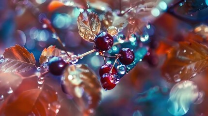   A macro image of red berries on a branch with water droplets on the foliage and surrounding soil - Powered by Adobe