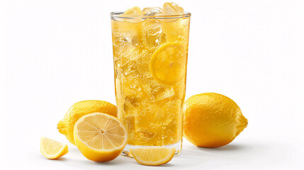 Glass of refreshing lemonade with lemon slices on a white background