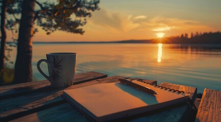 Notebook and a pen on an outdoor table and a cup of coffee next to it, sunrise in the background, concept of new ideas or new beginnings.