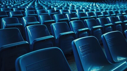 Row blue audience seats in small building stadium. Generated AI image