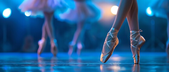 Closeup of ballerinas in pointe shoes on stage, with soft blue lighting and a blurred background with reflections, creating an elegant and graceful atmosphere.