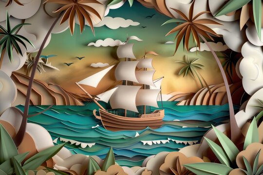 Pirate ship sailing in the sea surrounded by palm trees and a treasure island, paper cut style, adventure concept.