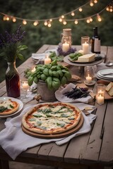 A delightful scene with a homemade pizza, candles, and a vase of herbs on a table