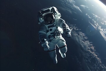 Intrepid Astronaut Floating in Serene Expanse of Space with Earth Looming Below
