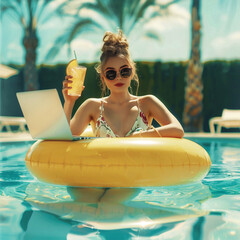 A young girl on an inflatable ring works in the pool on a computer and drinks a cocktail. Concept of work for pleasure, generation ai