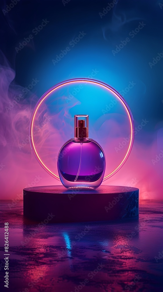 Canvas Prints glowing neon circle highlights exclusive perfumes on dark matte surface with reflective copy space