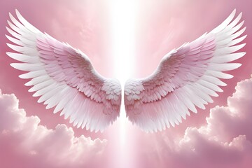 Symmetrical angel wings unfurl against a soft pink sky, freedom and spirituality. Ideal for concepts of hope, faith and inspiration in creative projects. generative ai