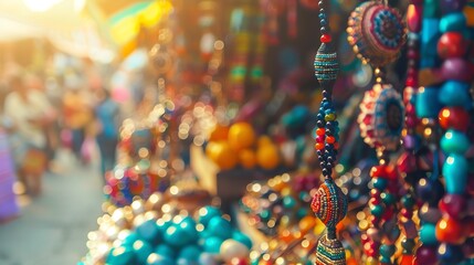 Obraz premium Market with handmade crafts close up, focus on, copy space striking hues, Double exposure silhouette with artisan products