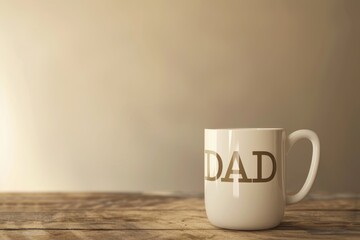 Cup with the word dad, on wooden table, Father's Day concept.