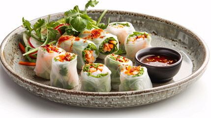 Plate of fresh sushi rolls with soy sauce on a white background