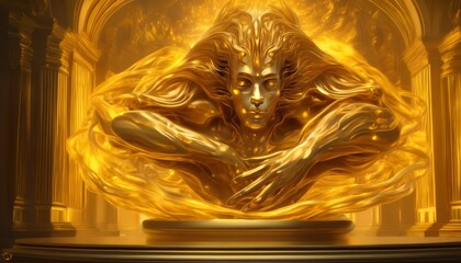 A captivating image of a golden, ethereal guardian figure in an opulent hall. The intricate details and radiant lighting create a sense of grandeur and mystique, ideal for fantasy, mythology, and