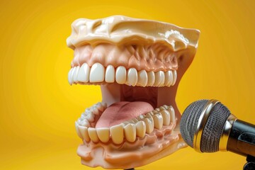 Human dentures next to a studio microphone, podcast concept.