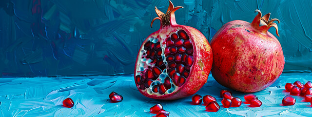 Closeup of pomegranate, showcasing vibrant red hues and intricate seeds. Ideal for social media display or as wallpaper.