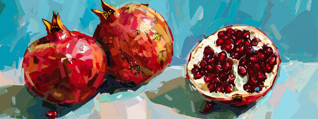 Closeup of pomegranate, showcasing vibrant red hues and intricate seeds. Ideal for social media display or as wallpaper.