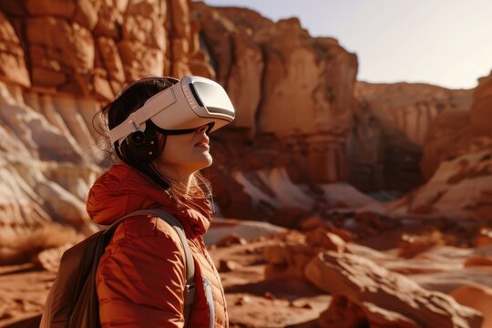 Person with virtual reality glasses on the surface of Mars, concept of artificial intelligence, science.