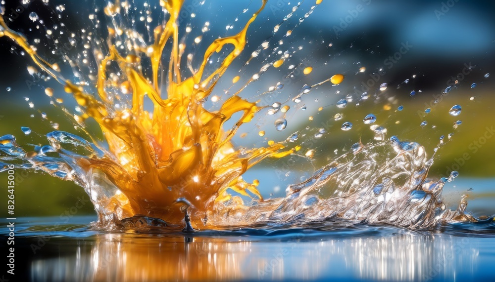 Poster a dynamic and vibrant image capturing a high-speed orange splash in water, with droplets suspended i