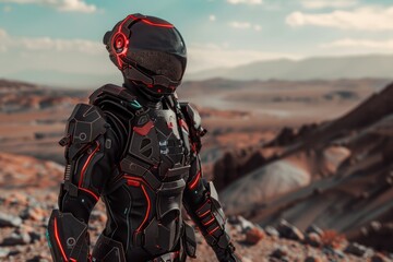 Futuristic soldier with red and black armor on rocky terrain, mountains in the background.