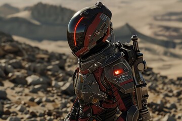 Obraz premium Futuristic soldier with red and black armor on rocky terrain, mountains in the background.