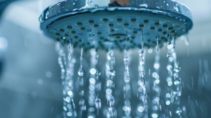 Close up shower head with running water in bathroom