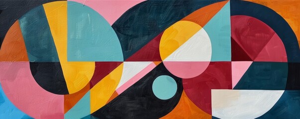 Colorful abstract painting with geometric shapes and bold hues on canvas